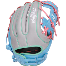 The Rawlings Heart of the Hide 12" Fastpitch Glove (PRO716SB-2GCB) features gray, blue, and teal leather with pink laces and accents. The Rawlings logo appears on the back and thumb—ideal for fastpitch softball.