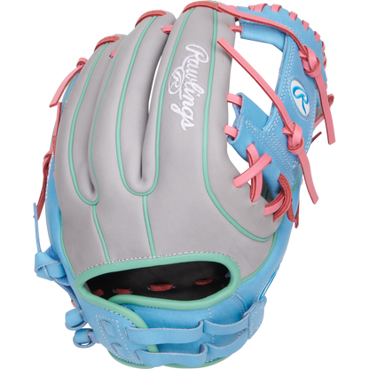 The Rawlings Heart of the Hide 12" Fastpitch Glove (PRO716SB-2GCB) features gray, blue, and teal leather with pink laces and accents. The Rawlings logo appears on the back and thumb—ideal for fastpitch softball.