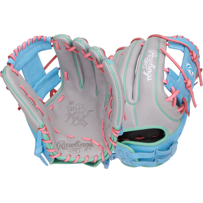 A Rawlings Heart of the Hide 12" Fastpitch Glove (PRO716SB-2GCB) rests on a white background, highlighting Rawlings' renowned quality for elite fastpitch softball collections.