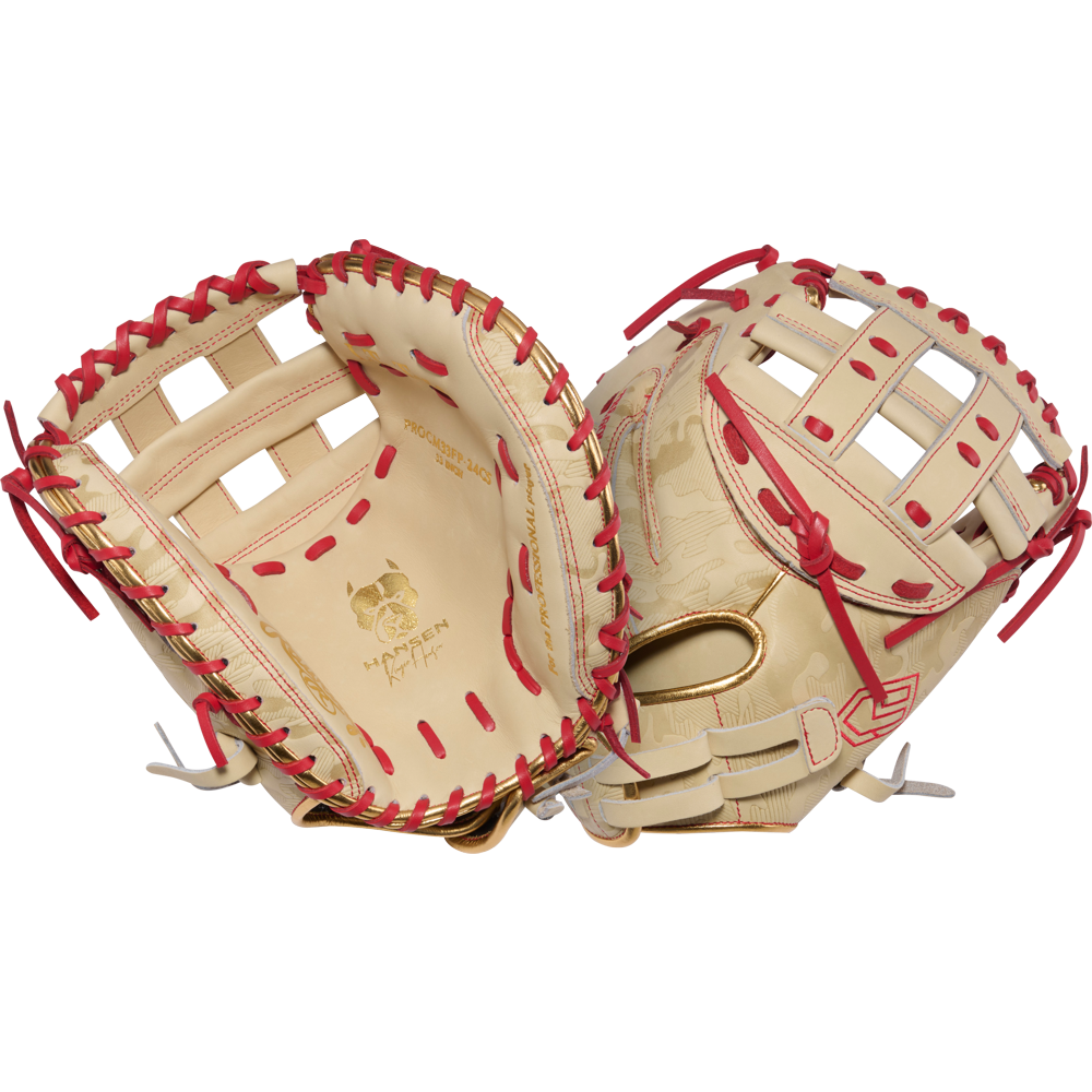 A pair of Rawlings Heart of the Hide 33" Kinzie Hansen K9 Fastpitch Catcher's Mitts (PROCM33FP-24CS) in beige with red laces, gold accents, and woven web pattern are shown open to display both inner and outer sides.