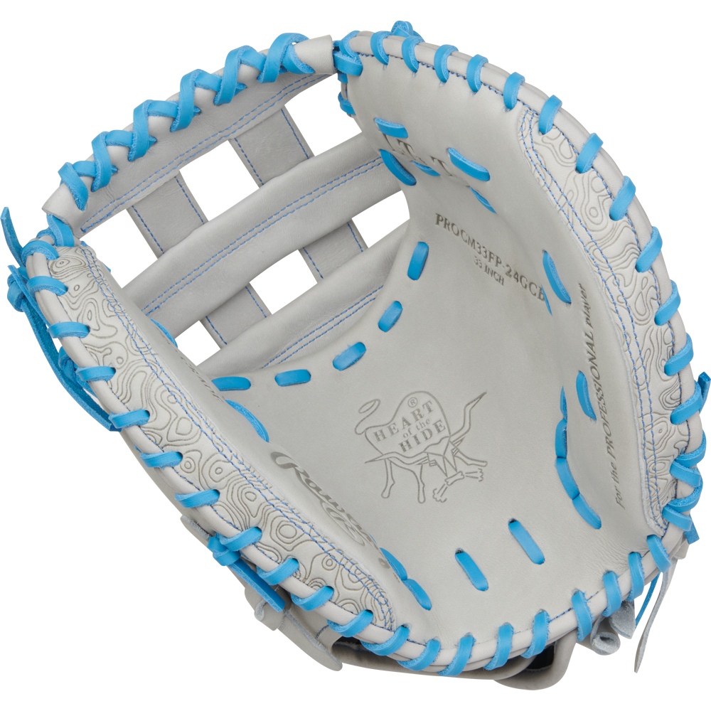 The Rawlings Heart of the Hide 33" Fastpitch Catcher's Mitt (PROCM33FP-24GCB) features light gray leather, blue laces, a decorative pattern, and Rawlings branding on the palm. It is new and designed for precise fielding performance.