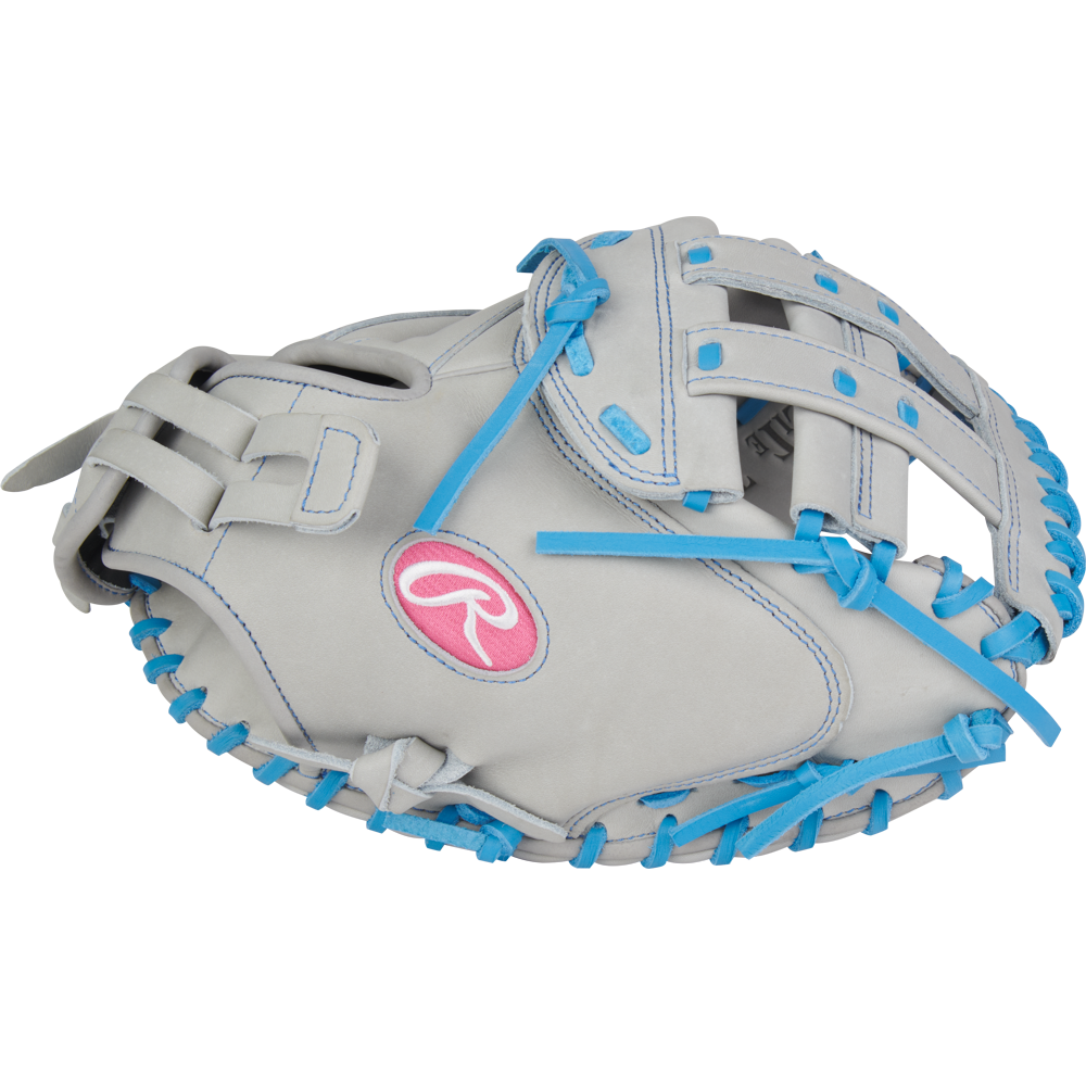 The Rawlings Heart of the Hide 33" Fastpitch Catcher's Mitt (PROCM33FP-24GCB) features a gray design with blue laces and a pink Rawlings logo on the palm, shown against a white background.