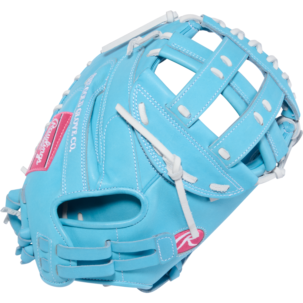 The Rawlings Heart of the Hide 34" Fastpitch Catcher's Mitt (PROCM34FP-24CBW) features a light blue design with white laces and stitching, webbed pocket, and the Rawlings logo—a top-tier catcher’s mitt for softball players.