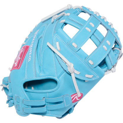 The Rawlings Heart of the Hide 34" Fastpitch Catcher's Mitt (PROCM34FP-24CBW) features a light blue design with white laces and stitching, webbed pocket, and the Rawlings logo—a top-tier catcher’s mitt for softball players.