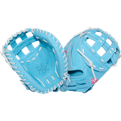 A Rawlings Heart of the Hide 34" Fastpitch Catcher's Mitt (PROCM34FP-24CBW) in bright blue with white lacing and stitching is displayed side by side to show both palm and back against a plain light background.
