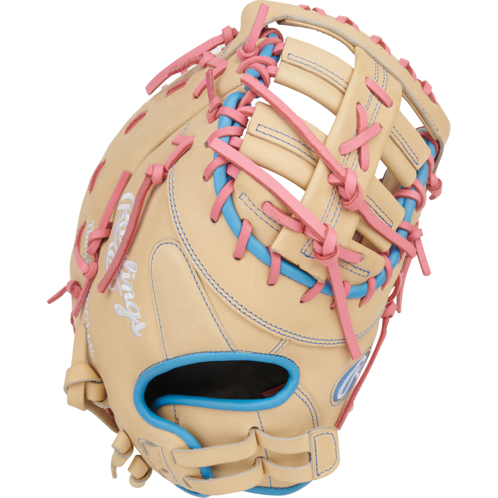The Rawlings Heart of the Hide 13" Fastpitch First Base Mitt (PRODCTSB-10CCB) combines standout pink and blue stitching with premium durability, making it ideal for softball first basemen.