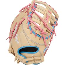 The Rawlings Heart of the Hide 13" Fastpitch First Base Mitt (PRODCTSB-10CCB) combines standout pink and blue stitching with premium durability, making it ideal for softball first basemen.