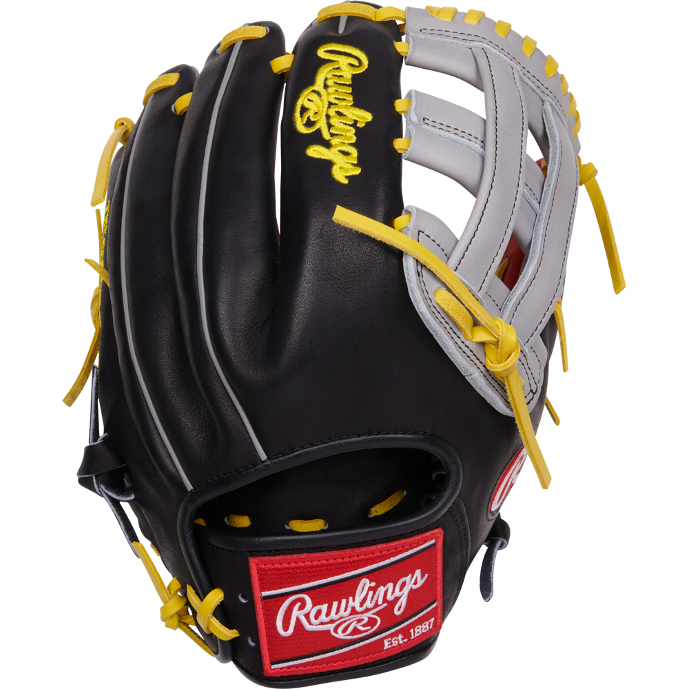 The Rawlings Heart of the Hide 12.25" Baseball Glove (PROKB17SB, August 2024) features a striking black and yellow design from the iconic Heart of the Hide series.