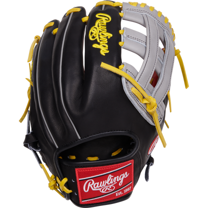 The Rawlings Heart of the Hide 12.25" Baseball Glove (PROKB17SB, August 2024) features a striking black and yellow design from the iconic Heart of the Hide series.
