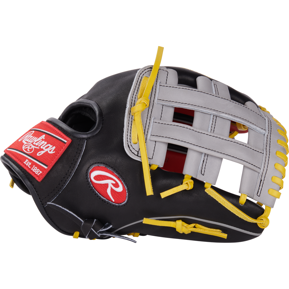 The Rawlings Heart of the Hide 12.25" Baseball Glove (PROKB17SB) features a black and gray design with yellow laces, red Rawlings logo patch, and basket-weave web, shown on a plain white background.