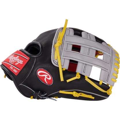 The Rawlings Heart of the Hide 12.25" Baseball Glove (PROKB17SB) features a black and gray design with yellow laces, red Rawlings logo patch, and basket-weave web, shown on a plain white background.