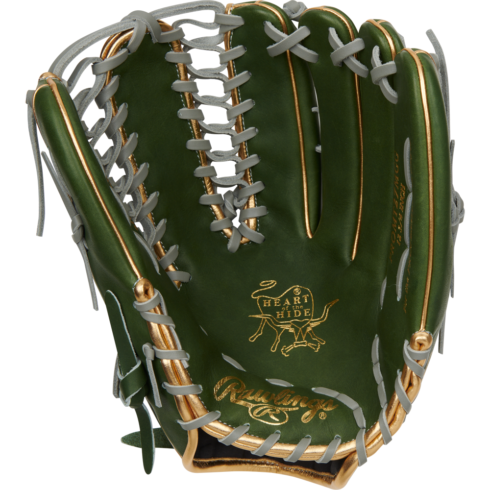 A Rawlings Heart of the Hide 12.75" PROMT27MGG outfielders glove in green with gold accents, gray lacing, and tan inner lining is shown against a plain white background.