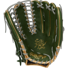 A Rawlings Heart of the Hide 12.75" PROMT27MGG outfielders glove in green with gold accents, gray lacing, and tan inner lining is shown against a plain white background.
