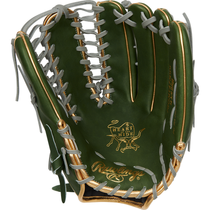 A Rawlings Heart of the Hide 12.75" PROMT27MGG outfielders glove in green with gold accents, gray lacing, and tan inner lining is shown against a plain white background.