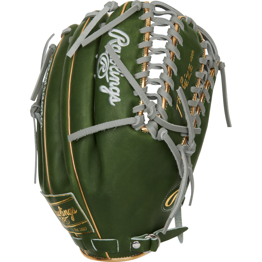 The Rawlings Heart of the Hide 12.75" Baseball Glove (PROMT27MGG), featuring green leather, gray laces, gold trim, and white logos, is displayed from a side angle against a plain background.