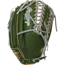 The Rawlings Heart of the Hide 12.75" Baseball Glove (PROMT27MGG), featuring green leather, gray laces, gold trim, and white logos, is displayed from a side angle against a plain background.