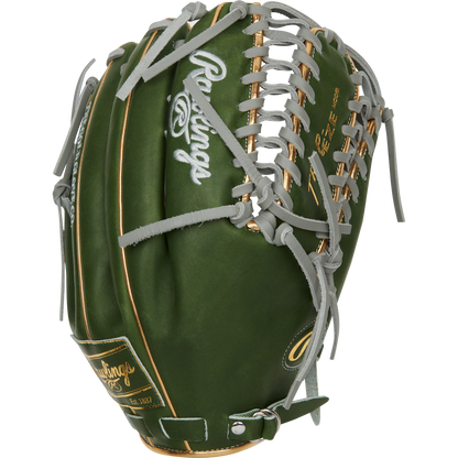 The Rawlings Heart of the Hide 12.75" Baseball Glove (PROMT27MGG), featuring green leather, gray laces, gold trim, and white logos, is displayed from a side angle against a plain background.