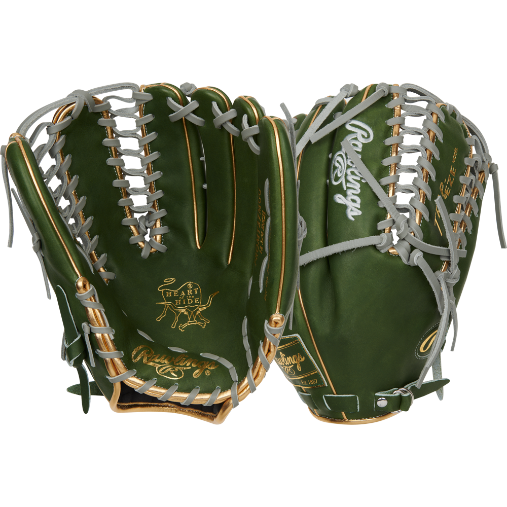 Two Rawlings Heart of the Hide 12.75" baseball gloves (RGGC September 2024: PROMT27MGG) in forest green with gold trim and gray laces are shown, displaying both palm and back sides—perfect for outfielders wanting style and performance.