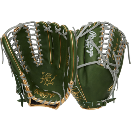 Two Rawlings Heart of the Hide 12.75" baseball gloves (RGGC September 2024: PROMT27MGG) in forest green with gold trim and gray laces are shown, displaying both palm and back sides—perfect for outfielders wanting style and performance.