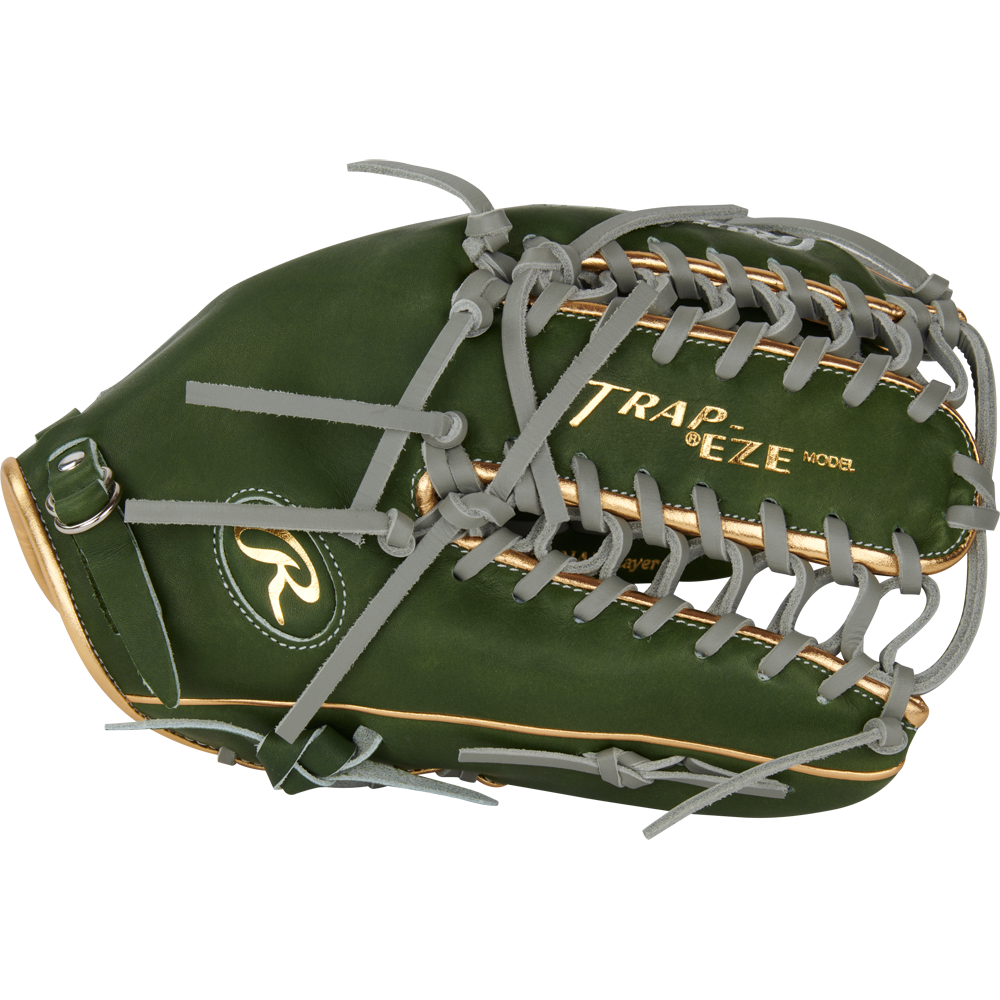 The Rawlings Heart of the Hide 12.75" Baseball Glove (PROMT27MGG) in green with gray laces and gold accents features a Trap-Eze Model label—ideal for outfielders. Part of the September 2024 RGGC collection.