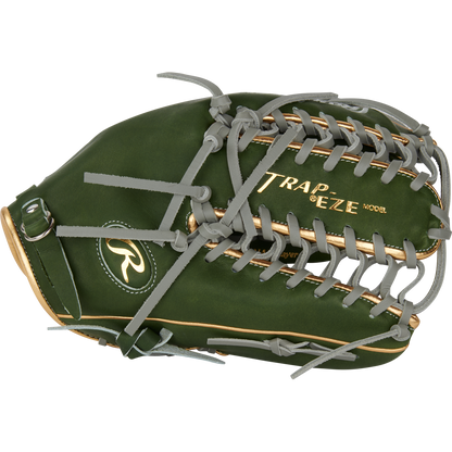 The Rawlings Heart of the Hide 12.75" Baseball Glove (PROMT27MGG) in green with gray laces and gold accents features a Trap-Eze Model label—ideal for outfielders. Part of the September 2024 RGGC collection.