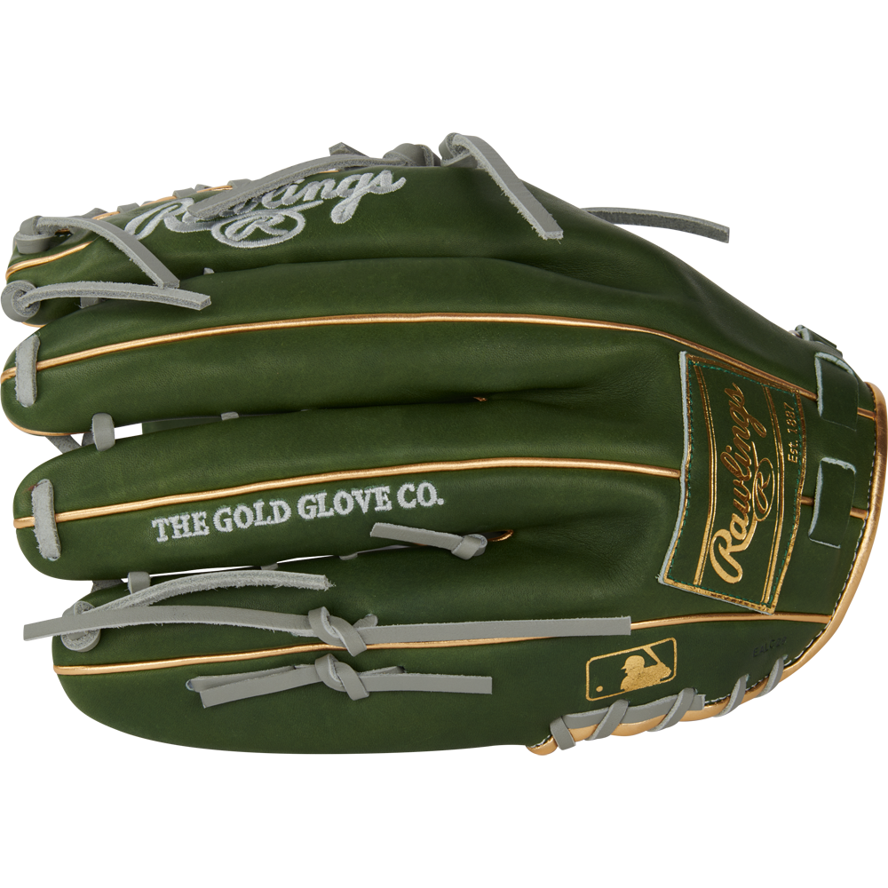 The Rawlings Heart of the Hide 12.75" Baseball Glove (PROMT27MGG), featuring green leather, gold trim, gray laces, and "THE GOLD GLOVE CO." on the side, is shown against a white background.