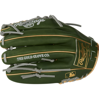 The Rawlings Heart of the Hide 12.75" Baseball Glove (PROMT27MGG), featuring green leather, gold trim, gray laces, and "THE GOLD GLOVE CO." on the side, is shown against a white background.