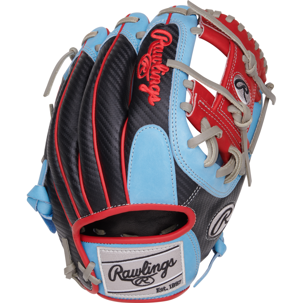 The Rawlings Heart of the Hide 11.5" Baseball Glove (PROR204-2CBS) features a black, light blue, red, and gray colorway with white stitching and the Rawlings logo on the wrist strap and back.