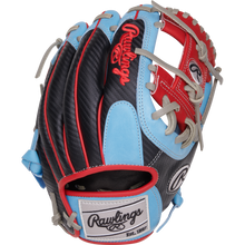 The Rawlings Heart of the Hide 11.5" Baseball Glove (PROR204-2CBS) features a black, light blue, red, and gray colorway with white stitching and the Rawlings logo on the wrist strap and back.