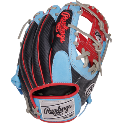 The Rawlings Heart of the Hide 11.5" Baseball Glove (PROR204-2CBS) features a black, light blue, red, and gray colorway with white stitching and the Rawlings logo on the wrist strap and back.