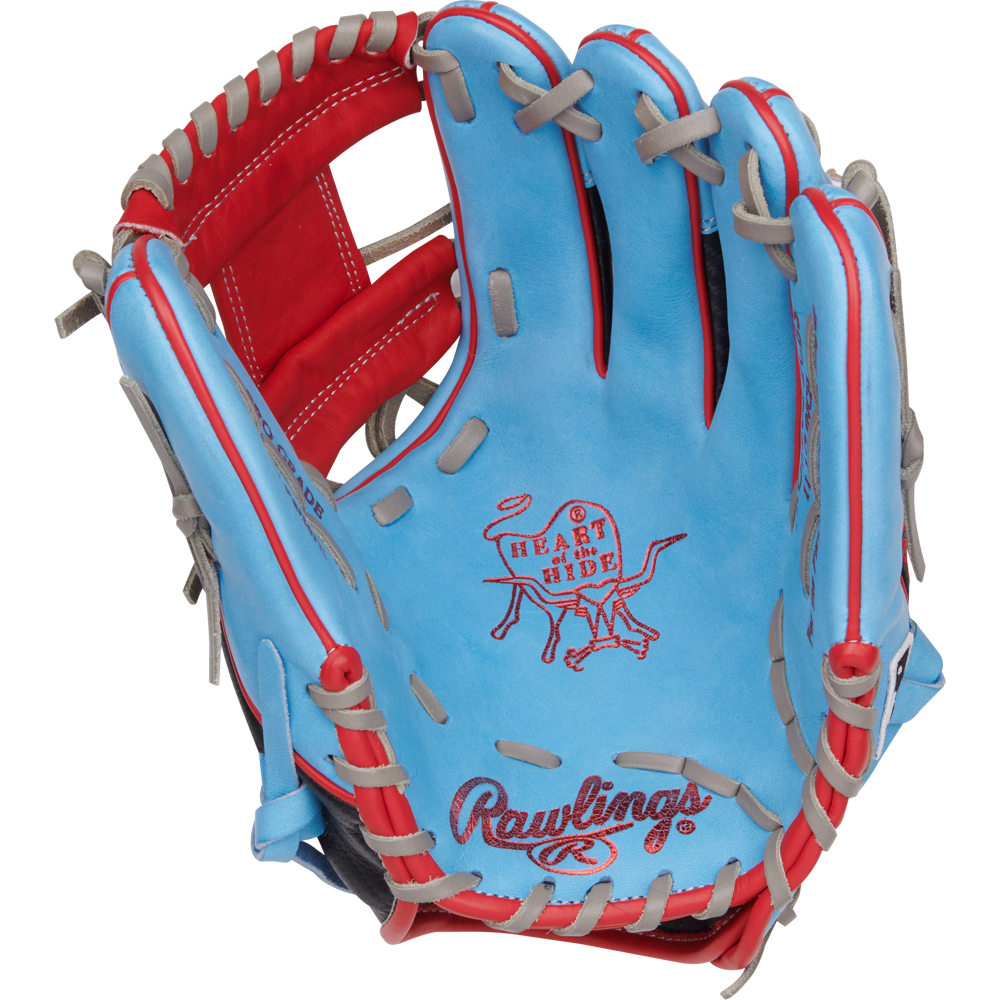 The Rawlings Heart of the Hide 11.5" Baseball Glove (PROR204-2CBS) is blue with red and gray lacing, features the iconic logo on the palm, and displays detailed interior stitching.