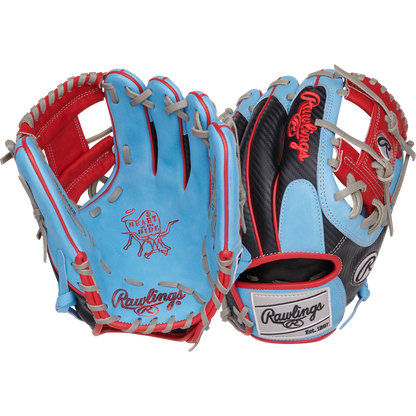 Two Rawlings Heart of the Hide 11.5" Baseball Gloves (PROR204-2CBS) are shown: one with a blue/red palm, grey laces, and bull logo; the other with a black/blue/red back, Rawlings logo, and white adjustable strap—ideal for infielders.