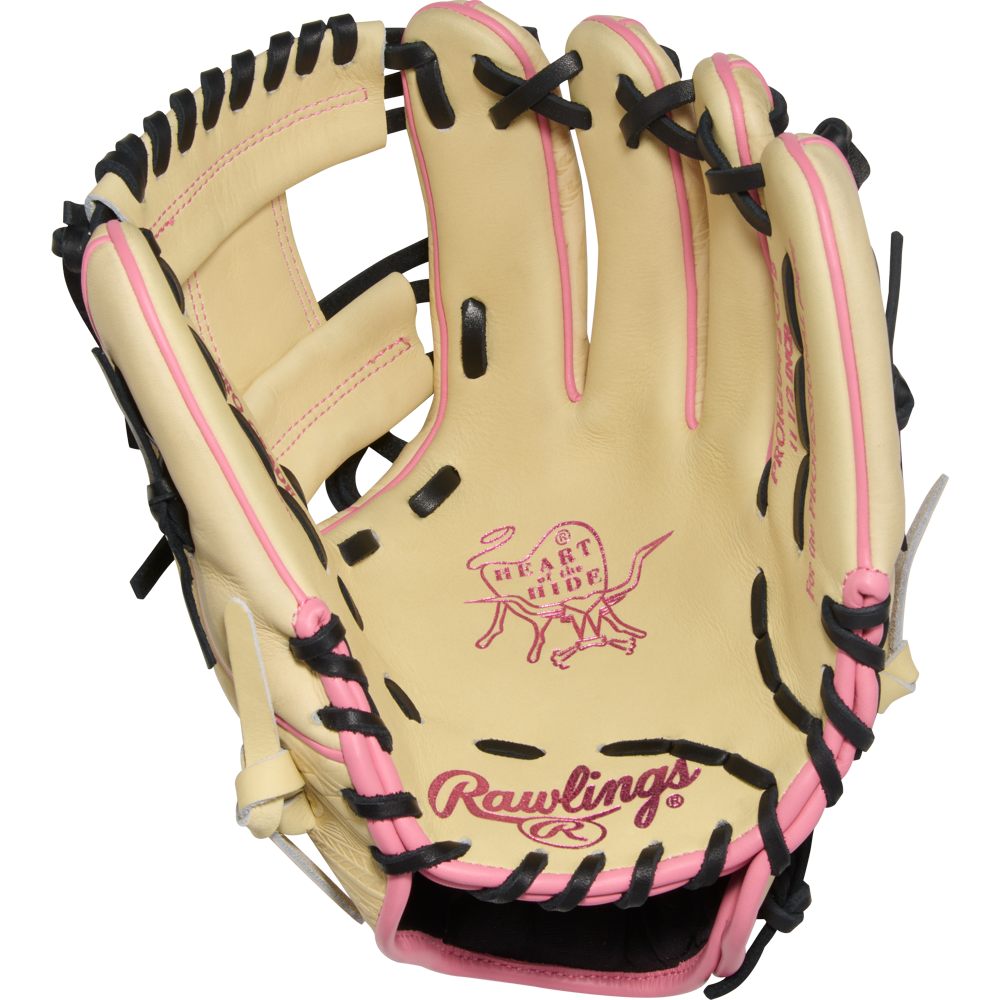 A Rawlings Heart of the Hide 11.5" Baseball Glove (PROR204-2CPB) with tan leather, black laces, and pink accents is shown open on a white background, featuring iconic Rawlings branding on the palm.