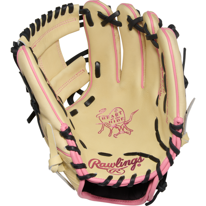 A Rawlings Heart of the Hide 11.5" Baseball Glove (PROR204-2CPB) with tan leather, black laces, and pink accents is shown open on a white background, featuring iconic Rawlings branding on the palm.