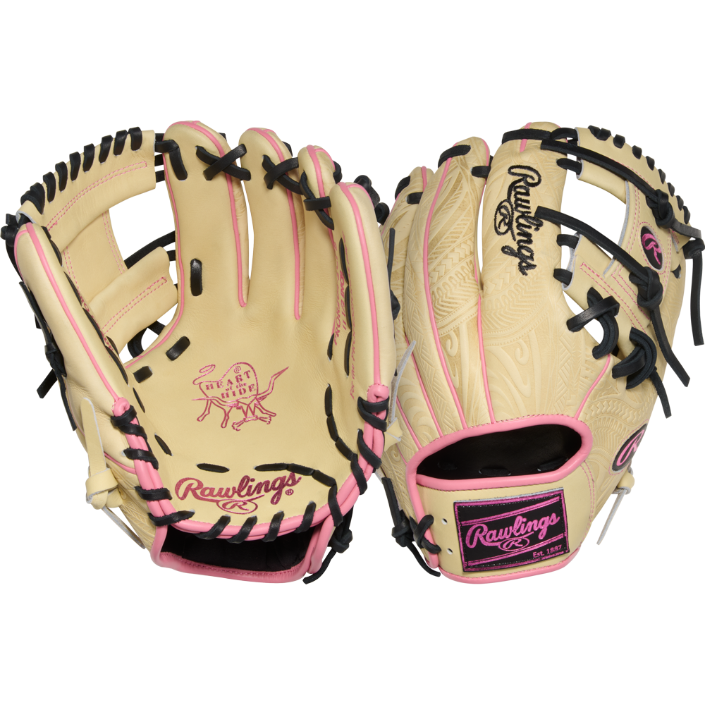 A pair of tan Rawlings Heart of the Hide 11.5" Baseball Gloves (PROR204-2CPB) with black laces and pink Rawlings logo, stitching, and trim are shown front and back on a white background.