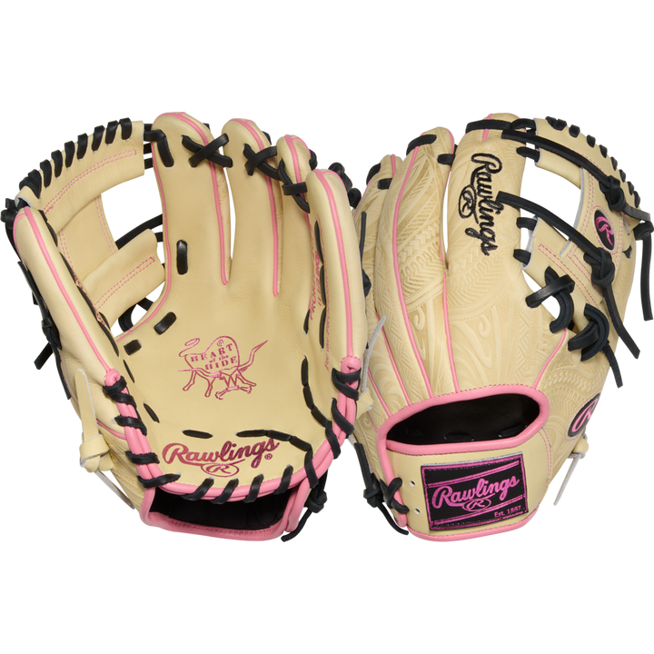 A pair of tan Rawlings Heart of the Hide 11.5" Baseball Gloves (PROR204-2CPB) with black laces and pink Rawlings logo, stitching, and trim are shown front and back on a white background.