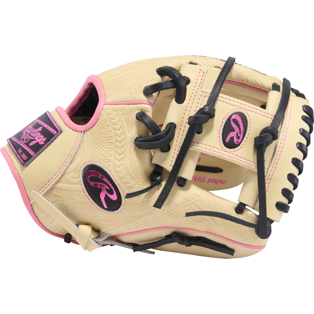 The Rawlings Heart of the Hide 11.5" Baseball Glove (PROR204-2CPB) features a tan design with black laces, pink accents, embossed patterns, and pink Rawlings logos and stitching on the back and wrist area.