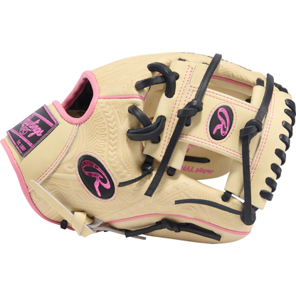 The Rawlings Heart of the Hide 11.5" Baseball Glove (PROR204-2CPB) features a tan design with black laces, pink accents, embossed patterns, and pink Rawlings logos and stitching on the back and wrist area.
