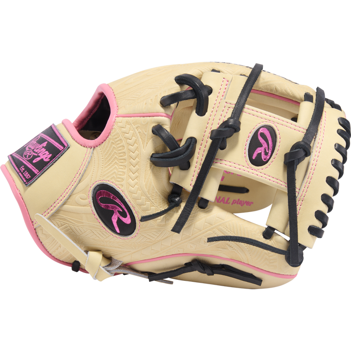 The Rawlings Heart of the Hide 11.5" Baseball Glove (PROR204-2CPB) features a tan design with black laces, pink accents, embossed patterns, and pink Rawlings logos and stitching on the back and wrist area.