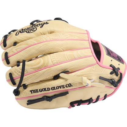 The Rawlings Heart of the Hide 11.5" Baseball Glove (PROR204-2CPB) features a tan design with black laces, pink accents, engraved patterns, and "THE GOLD GLOVE CO." printed in black on the thumb.