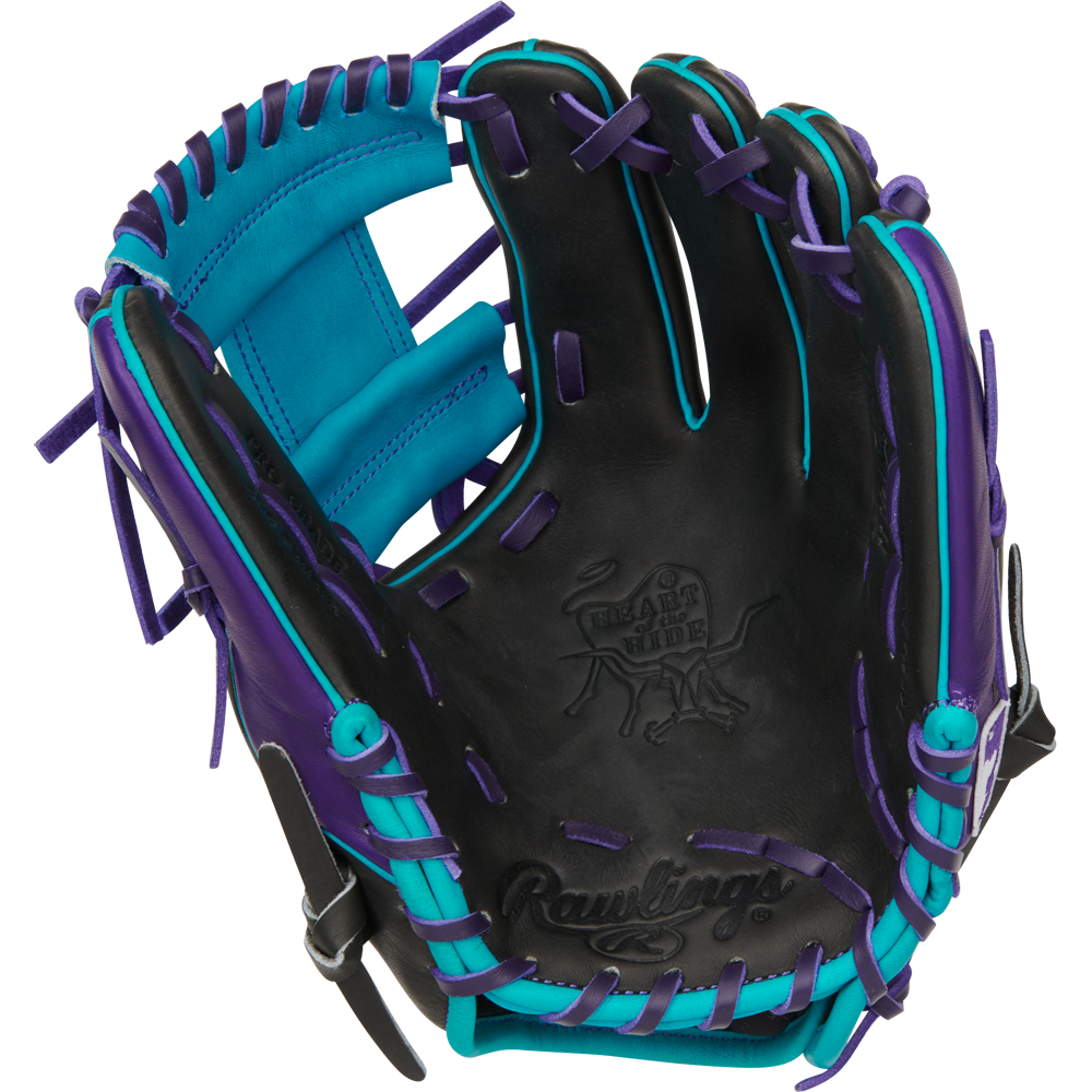 The Rawlings Heart of the Hide 11.5" Baseball Glove (PROR204-2DSTP) features a black design with turquoise and purple laces, turquoise interior, and an embossed Rawlings logo on the palm.