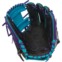 The Rawlings Heart of the Hide 11.5" Baseball Glove (PROR204-2DSTP) features a black design with turquoise and purple laces, turquoise interior, and an embossed Rawlings logo on the palm.