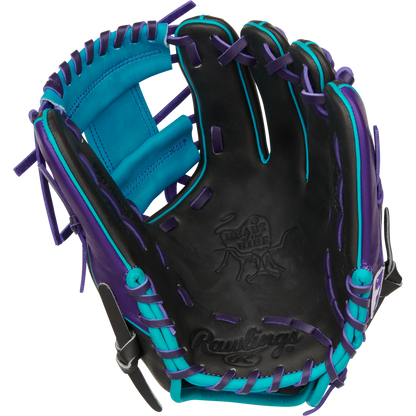 The Rawlings Heart of the Hide 11.5" Baseball Glove (PROR204-2DSTP) features a black design with turquoise and purple laces, turquoise interior, and an embossed Rawlings logo on the palm.