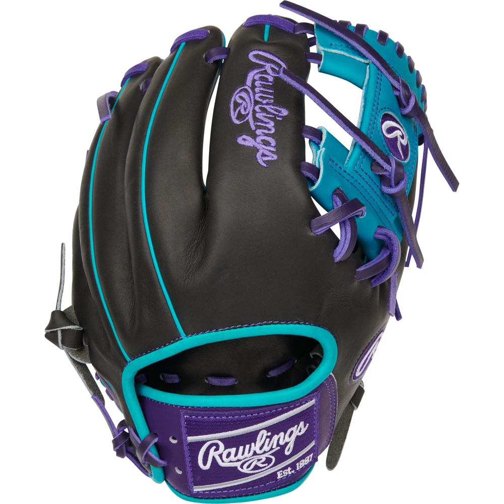 The Rawlings Heart of the Hide 11.5" Baseball Glove (PROR204-2DSTP) features a black design with teal and purple accents, purple stitching, and the Rawlings logo in white and purple on the wrist strap and thumb.