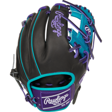 The Rawlings Heart of the Hide 11.5" Baseball Glove (PROR204-2DSTP) features a black design with teal and purple accents, purple stitching, and the Rawlings logo in white and purple on the wrist strap and thumb.