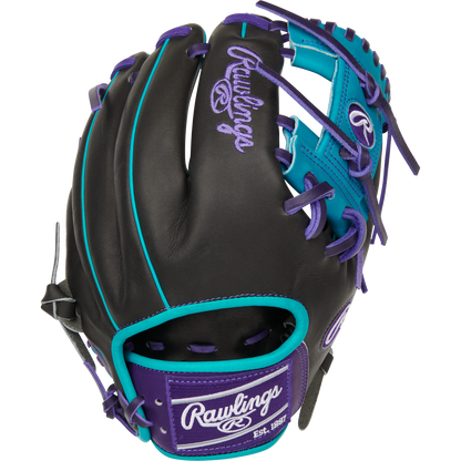 The Rawlings Heart of the Hide 11.5" Baseball Glove (PROR204-2DSTP) features a black design with teal and purple accents, purple stitching, and the Rawlings logo in white and purple on the wrist strap and thumb.
