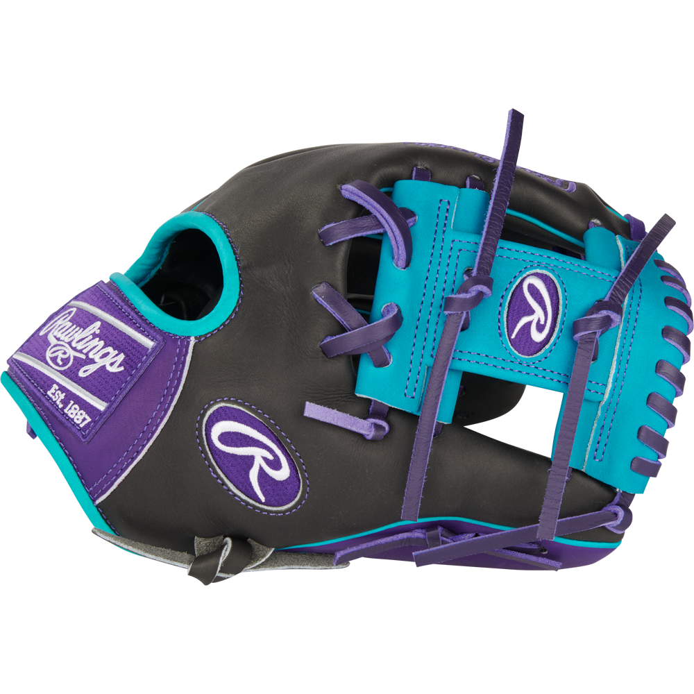 The Rawlings Heart of the Hide 11.5" Baseball Glove (PROR204-2DSTP) features black leather, purple and teal accents, purple laces, an open web for fast transfers, and Rawlings logos on the thumb, wrist, and strap.