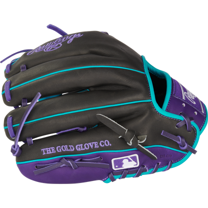 The Rawlings Heart of the Hide 11.5" Baseball Glove (PROR204-2DSTP) is black with purple laces, teal accents, a stitched purple Rawlings logo, and features THE GOLD GLOVE CO. and MLB logos on the thumb area.