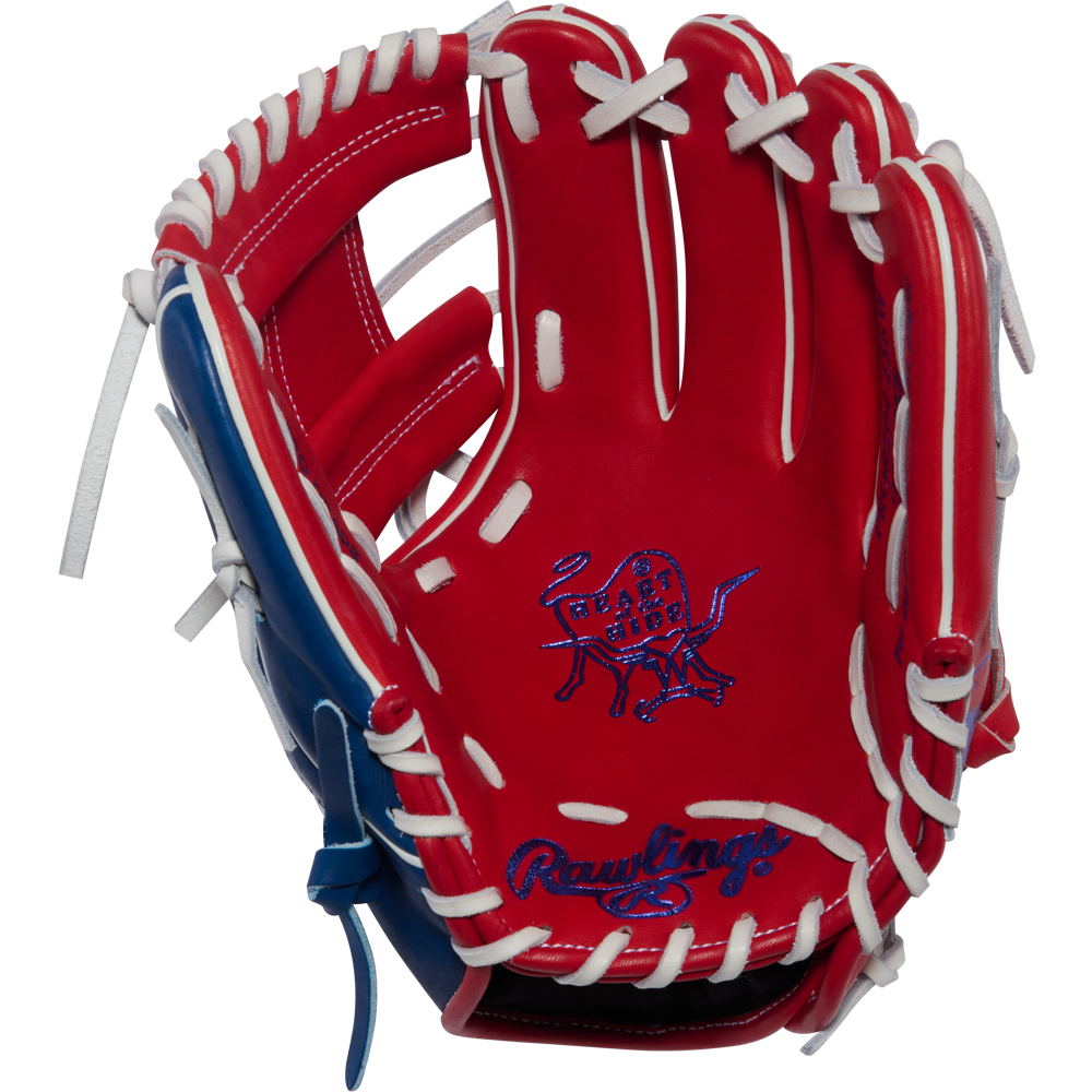A Rawlings Heart of the Hide 11.5" Baseball Glove (PROR204-2SRW) in red, white, and blue features white lacing and a blue stitched logo on the palm, shown against a plain white background.