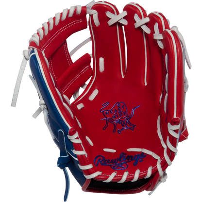 A Rawlings Heart of the Hide 11.5" Baseball Glove (PROR204-2SRW) in red, white, and blue features white lacing and a blue stitched logo on the palm, shown against a plain white background.